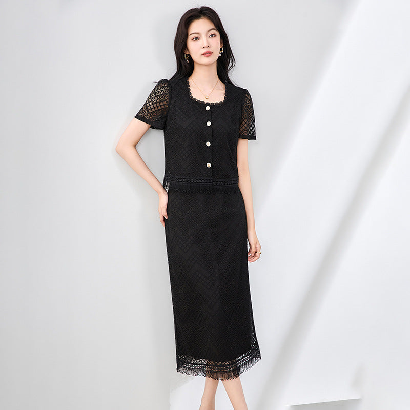 Summer New Graceful Lace Short Shirts Midi Skirts Two Piece Sets Office Lady Elegant Beige Tops Skirt Outfits