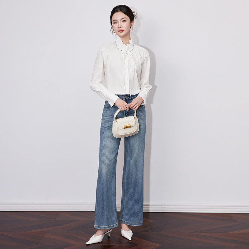 Elegant French Design Diamond Embellished Stand Collar Women's Shirt Spring Autumn New Style Cotton Long Sleeve Basic Style