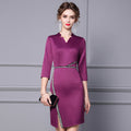 V-Neck Dress Spring New Purple Lightweight Ruched Beading Irregular Bodycon Skirt With Seven-Half Sleeves