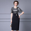 Elegant Women's Short Sleeve Wrap Dress High Waist Patchwork Flower Decoration Bright Surface Summer Dress