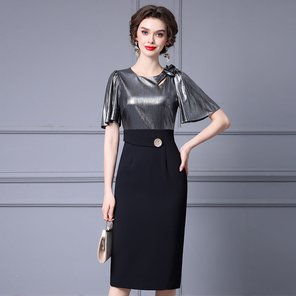 Elegant Women's Short Sleeve Wrap Dress High Waist Patchwork Flower Decoration Bright Surface Summer Dress