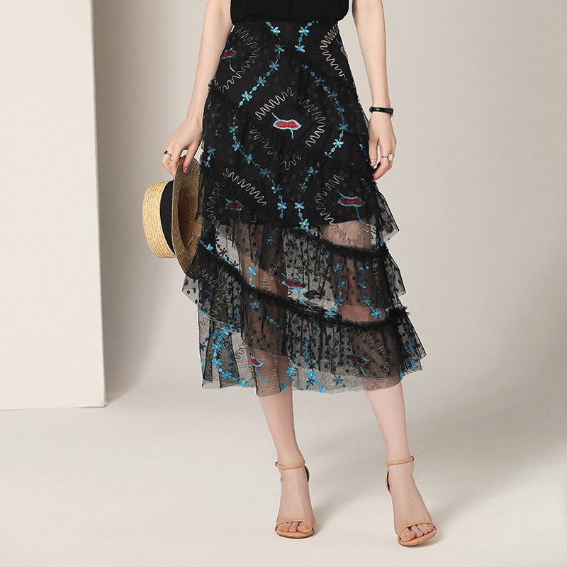 New Fashionable and Stylish Summer Dress with Heavy Embroidery Featuring A Slimming and Figure-hugging Mesh Fabric Two-piece Set