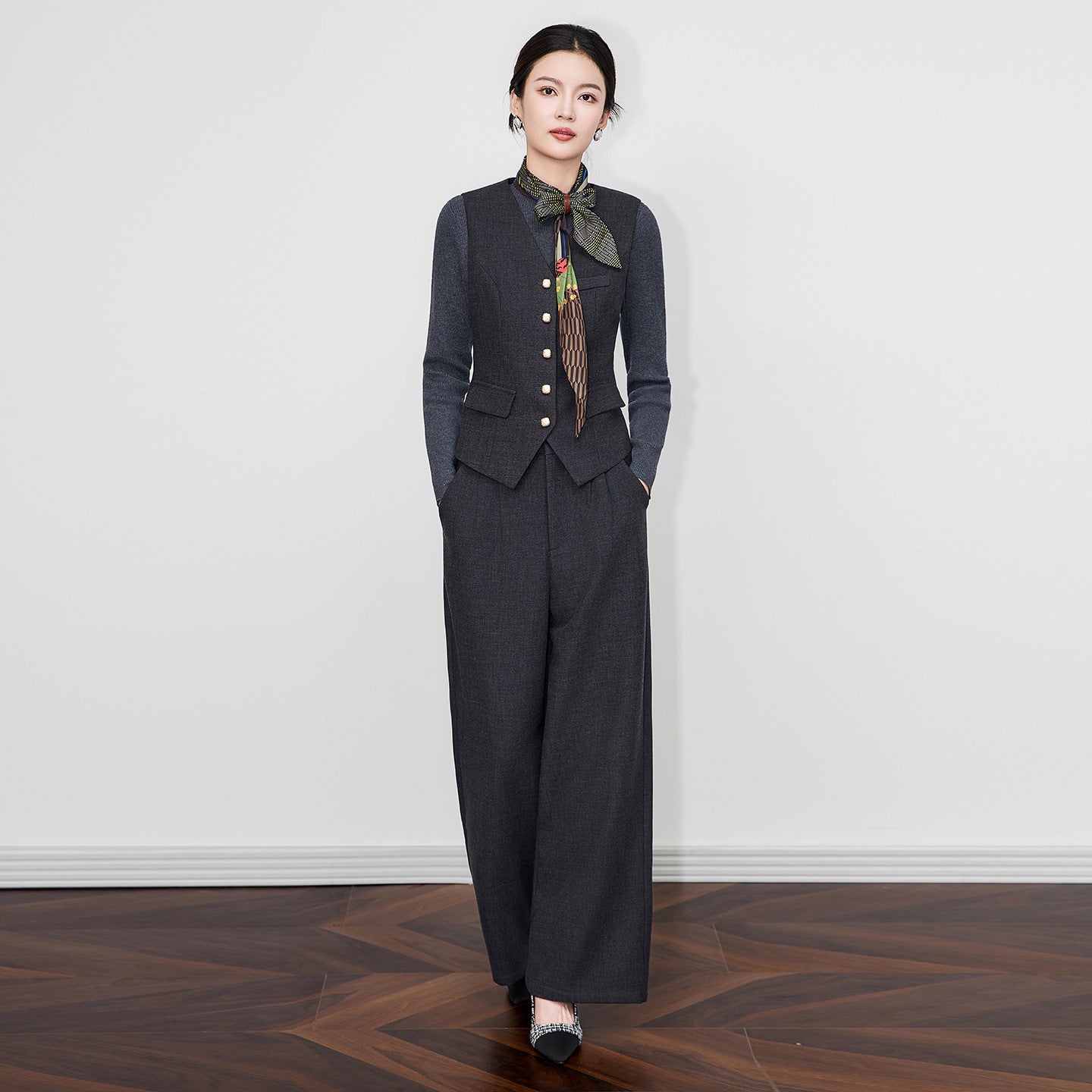 Dark Grey Old Money Style Pant Set Women Fall Winter New Office Lady Casual Elegant Two-piece Set Ladies