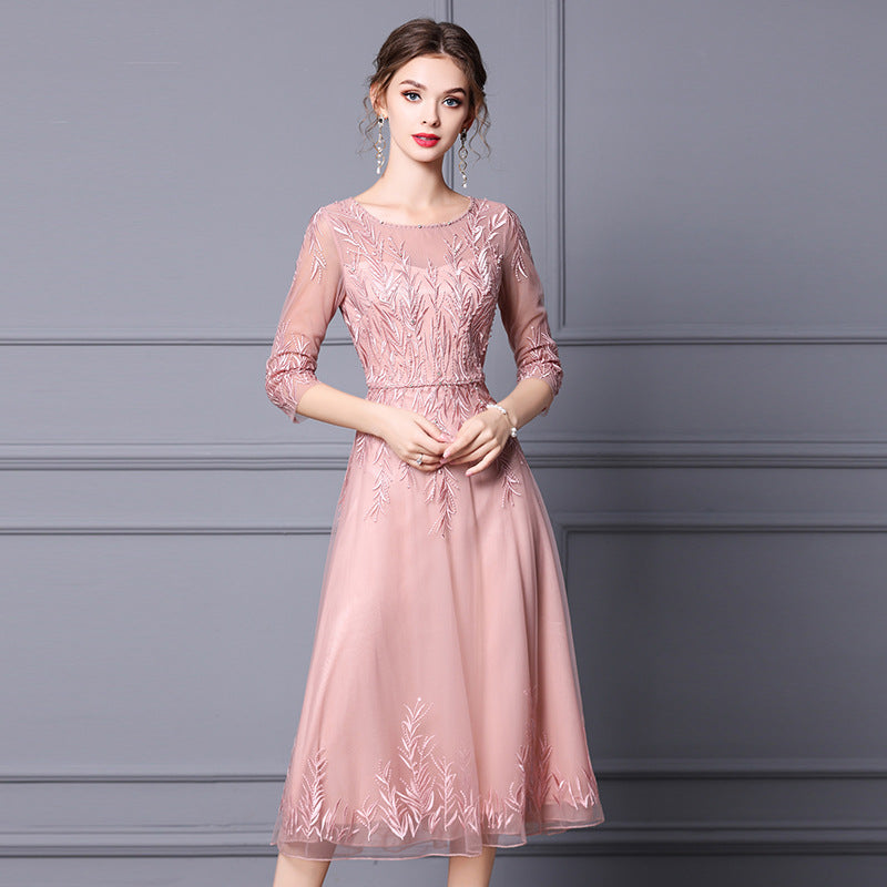 Spring Autumn Embroidery Floral Midi Dress Women Casual Chic Prom Long Night Dress Elegant Bodycon Luxury Party Maxi Dress