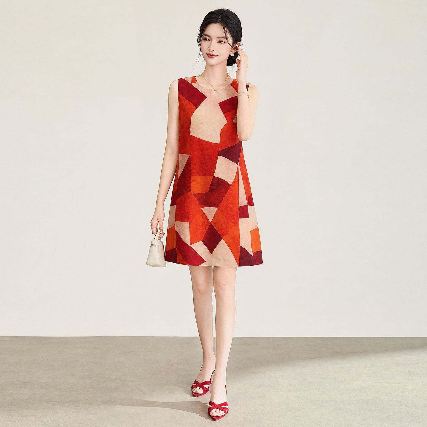 Orange Red Geometric Print Sleeveless Women's Dress Casual High Waist A-Line Skirt Loose Fit Summer New Style Slimming Straight