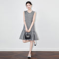 Elegant Quality Vest Dress Sleeveless Patchwork Lace Trim Simple Style round Neck Midi A- Line Skirt Polyester Fiber Commute