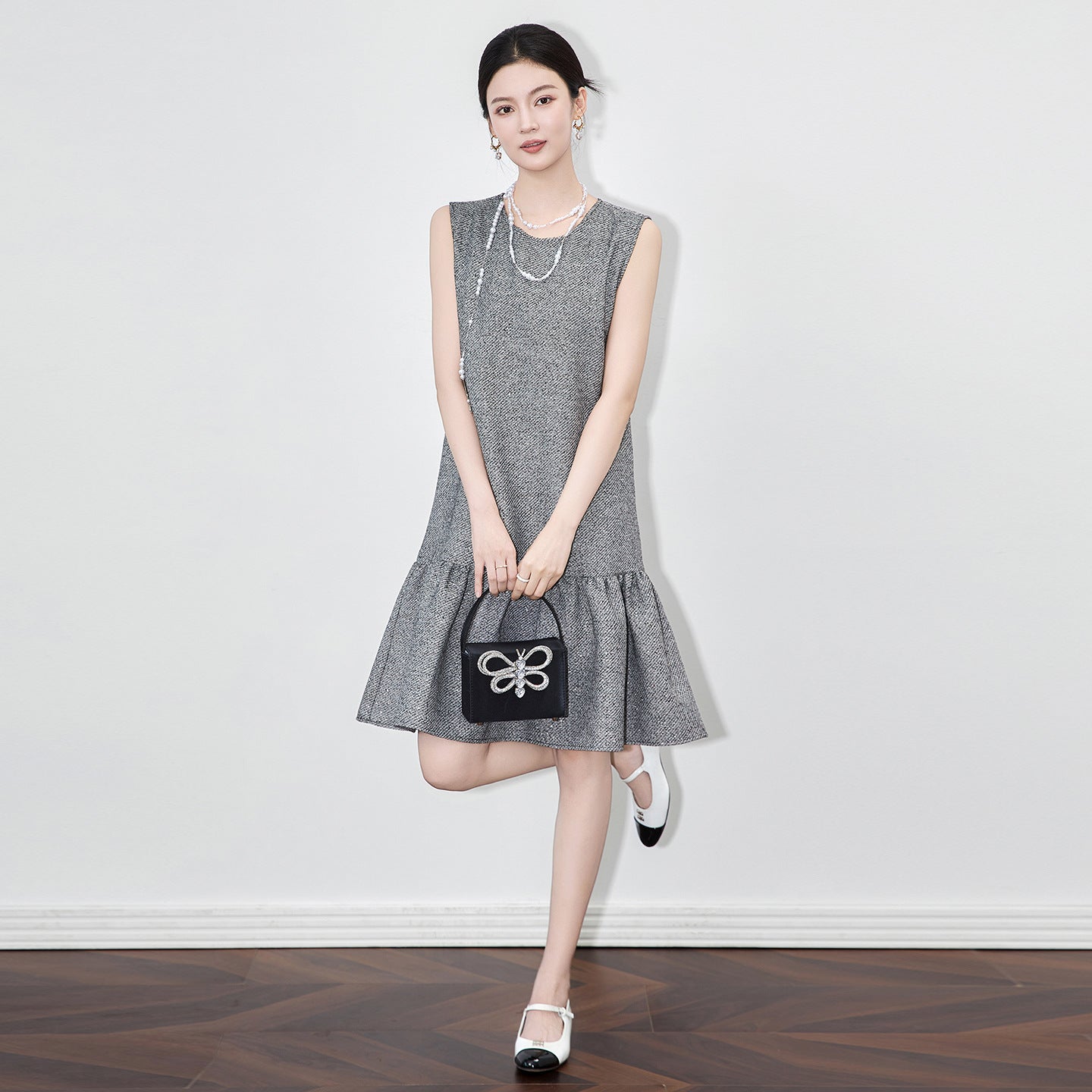 Elegant Quality Vest Dress Sleeveless Patchwork Lace Trim Simple Style round Neck Midi A- Line Skirt Polyester Fiber Commute