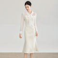 Lady Office Autumn Spring Fashion Lapel Tie Long-sleeved Tight Dress New Women's Solid Waist Ong-step Midi Dresses