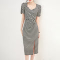 Summer New Fashion Style Slim-fit Waist-cinching French Design Striped Tie Slit Dress for Women