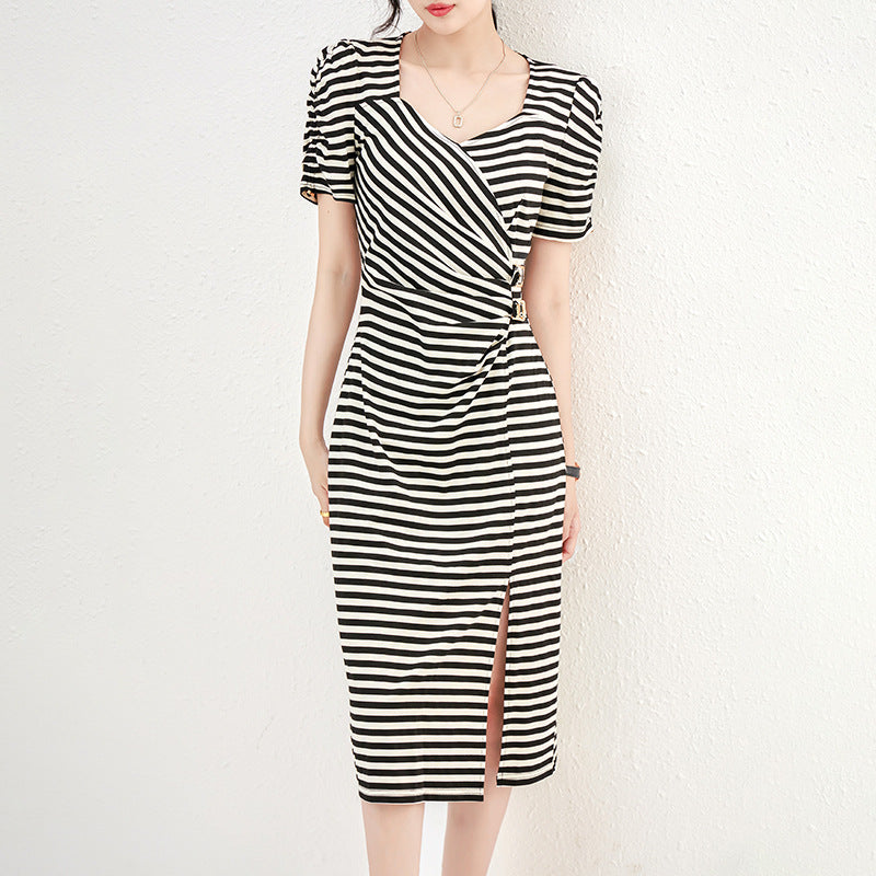 Summer New Fashion Style Slim-fit Waist-cinching French Design Striped Tie Slit Dress for Women