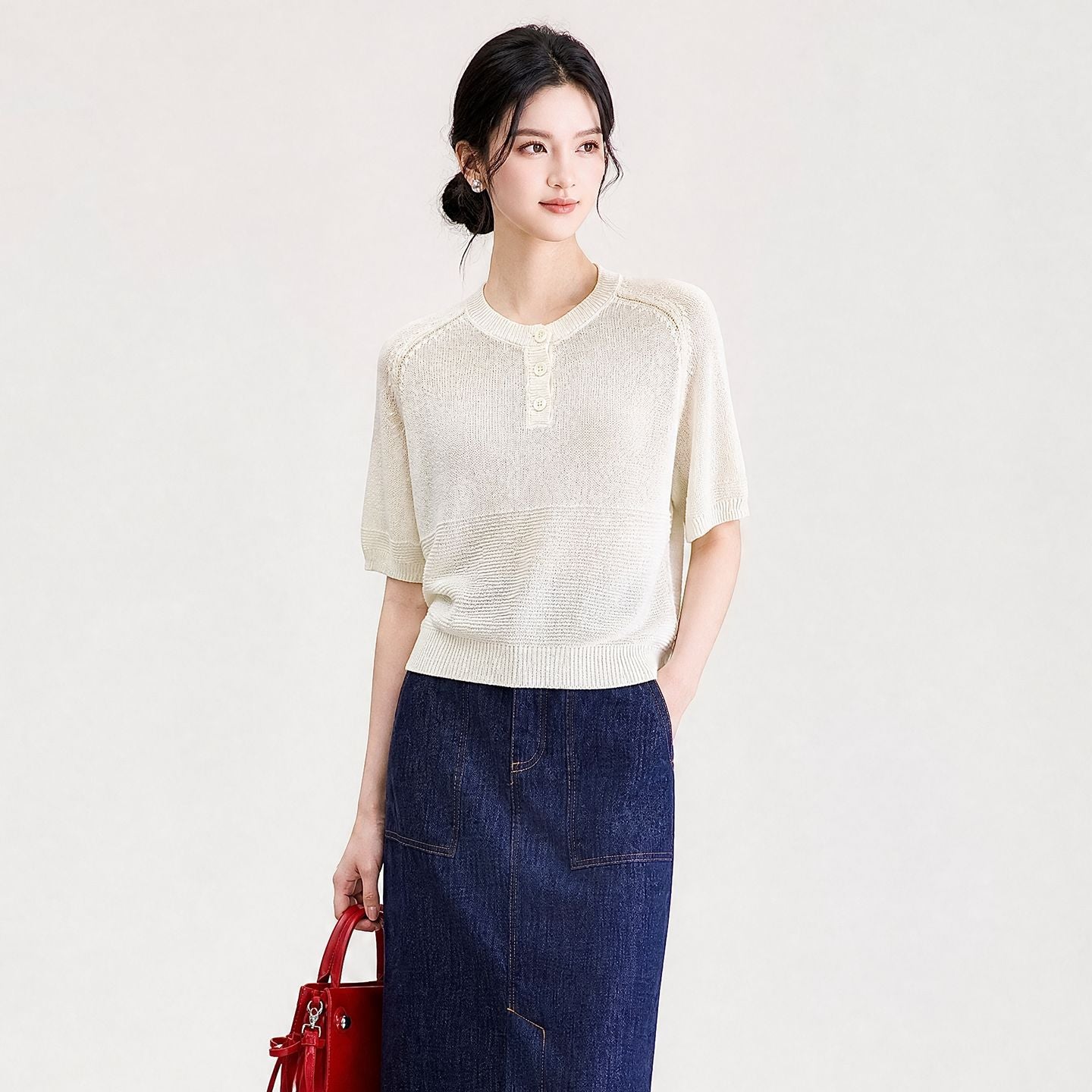 round Neck Short Sleeve Knitted Top Women's Style Spring New Arrival Beige Color Commute Slimming High-End Versatil