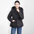 Style Casual Waist-tie Hooded Mid-length Puffer Jacket for Women Thickened Cotton Coat Black