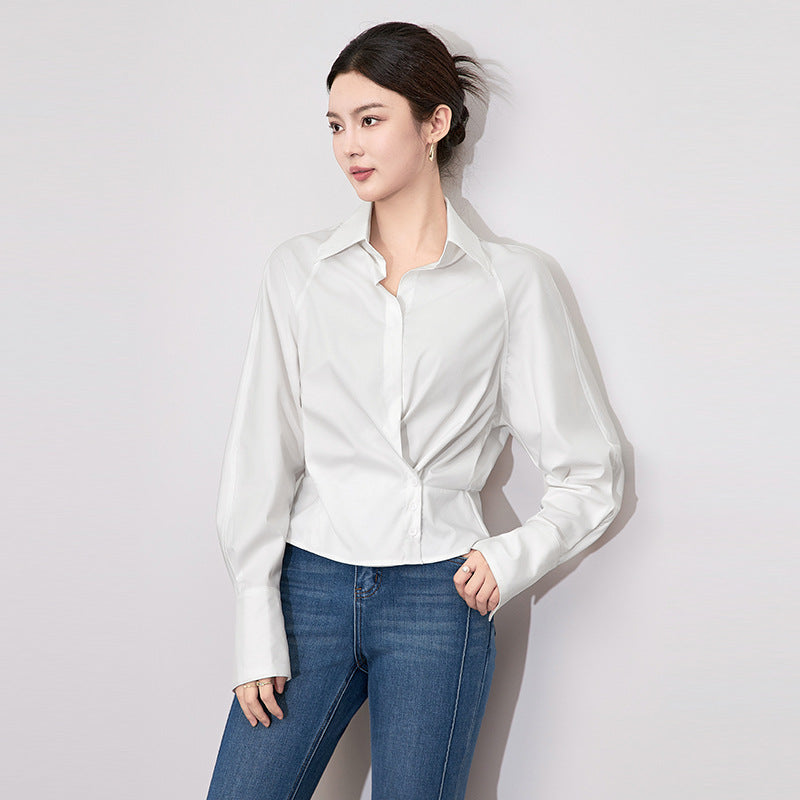 Slimming Effect Long Sleeve Turn-down Collar Shirt Women's Shoulder One-piece Waist-cinching Fashionable Simple Design New Style
