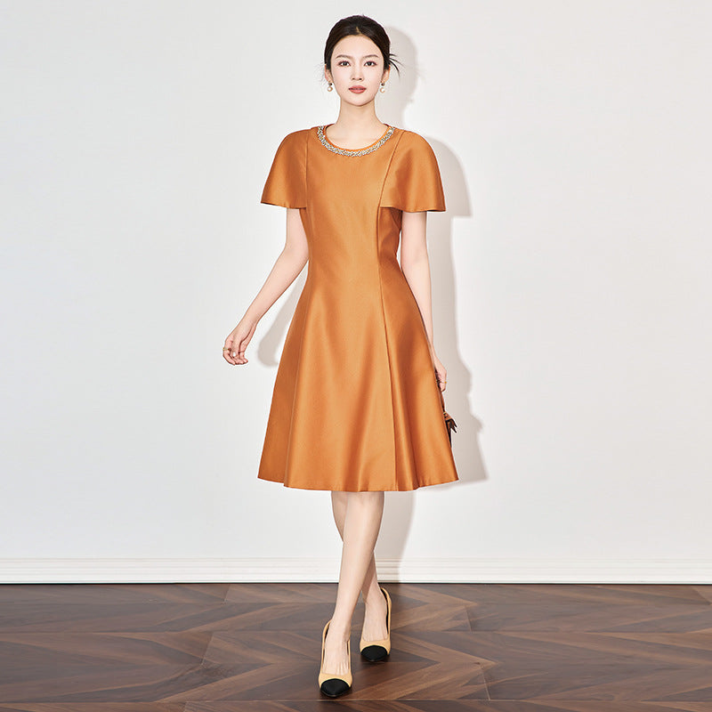 Elegant round Neck Diamond Embellished Sleeve Cover Dress Ball Gown Midi A- Line Skirt Polyester Viscose Fabric