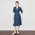 Womens Summer Denim Dresses 2026 Vintage Fashion Fitted Waist Short Puff Sleeve Button Down Denim Long Dress