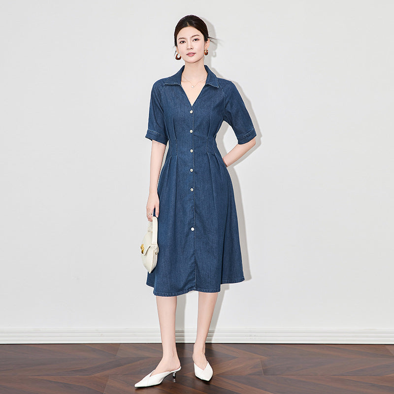 Womens Summer Denim Dresses 2026 Vintage Fashion Fitted Waist Short Puff Sleeve Button Down Denim Long Dress