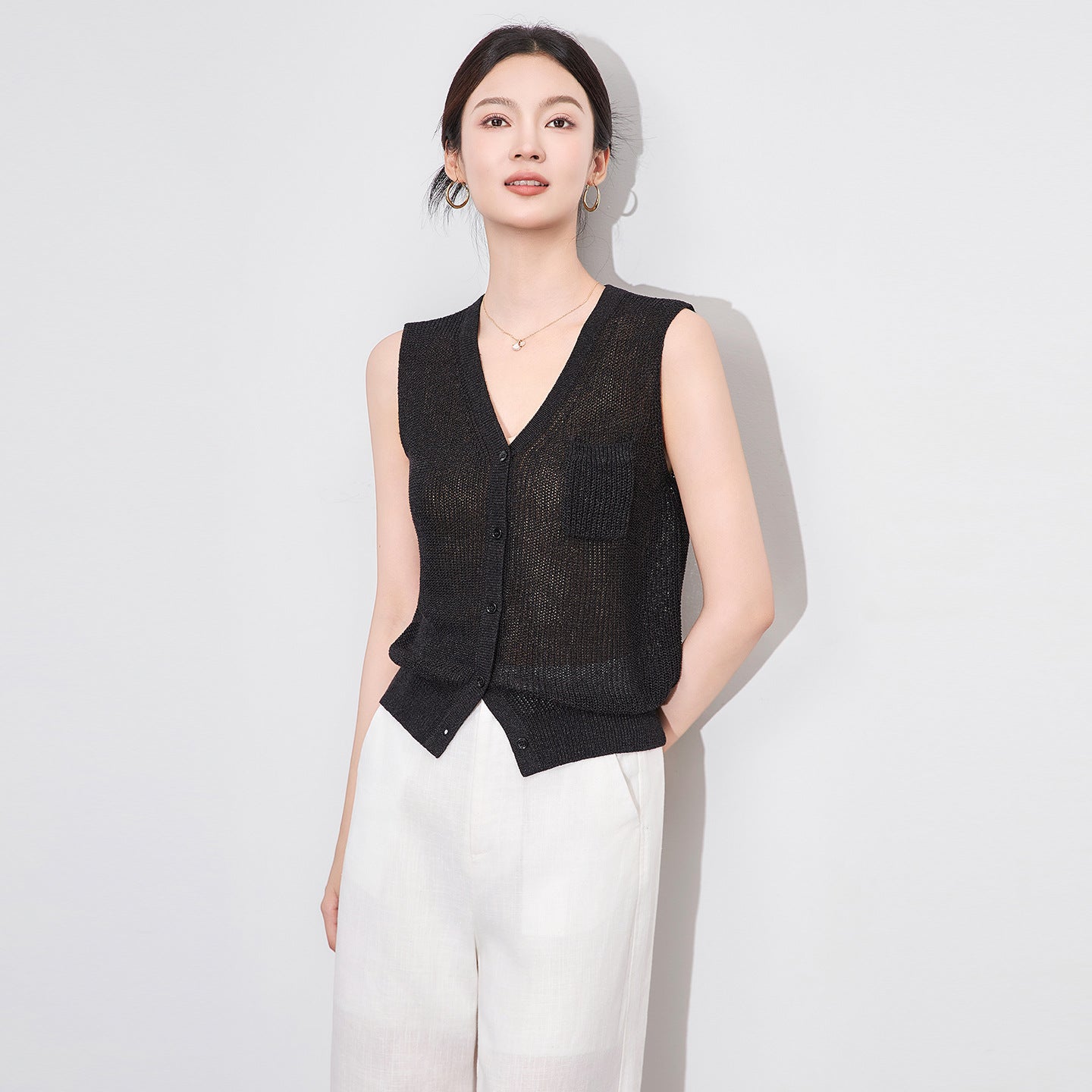 Dense Weave Paper Silk Vest Single Pocket Knitted Sleeveless V Neck Summer Women's Fashion Thin Hollow out Backless