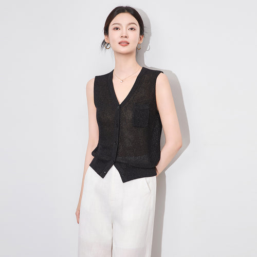 Dense Weave Paper Silk Vest Single Pocket Knitted Sleeveless V Neck Summer Women's Fashion Thin Hollow out Backless