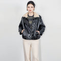 Fluffy Plaid Collar down Jacket Women's Winter Loose Warm White Duck Feather PU Leather Jacket Elegant Commute Style Coat