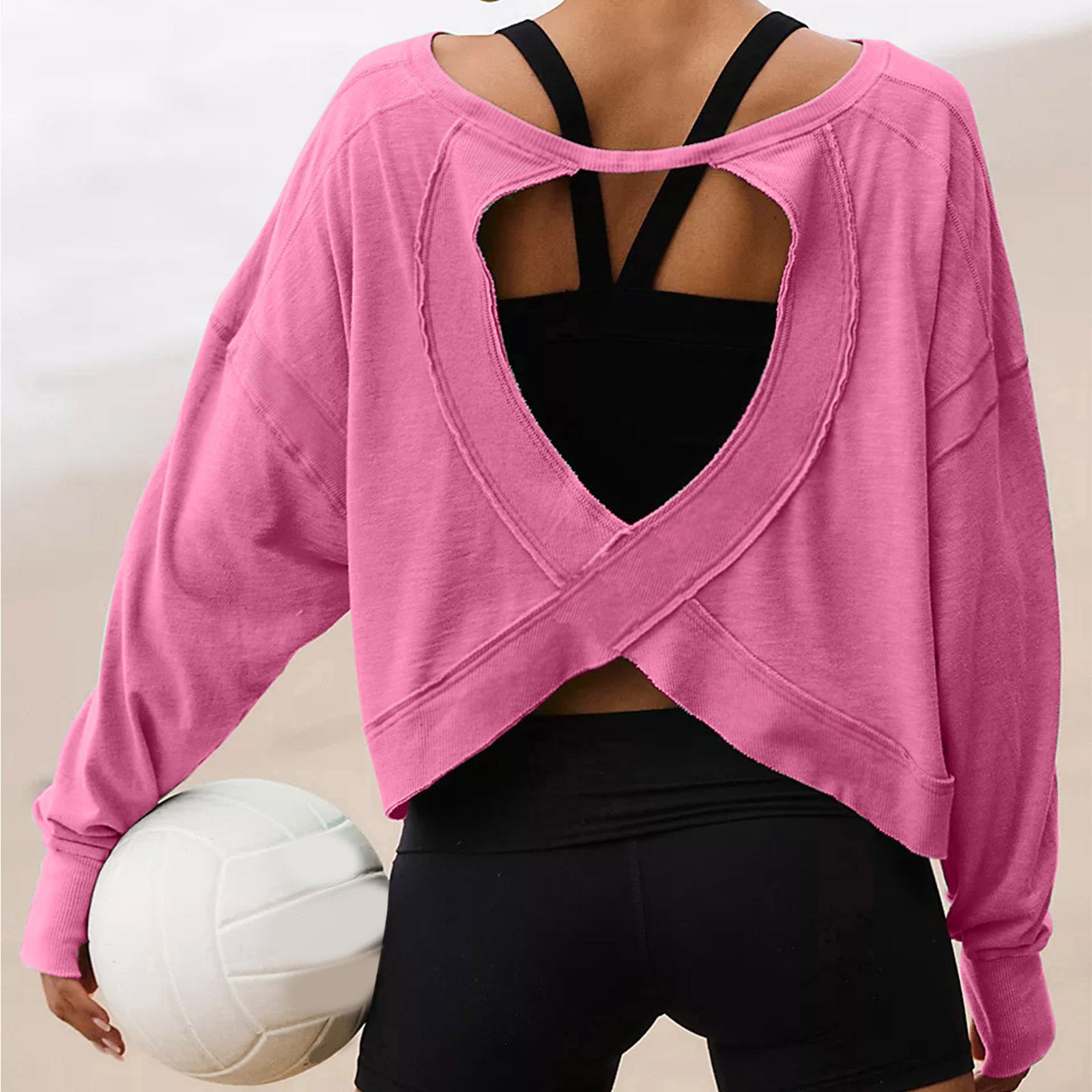 Women's T-shirt Spring Summer O-Neck Loose Long-sleeved Backless Hollow Out Personality Casual Tshirt Sports Tops