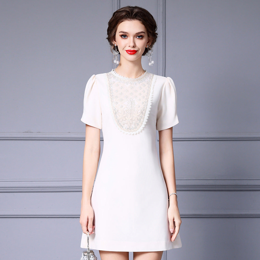 White Elegant French Style Handmade Embroidered Drill Mini Dress Summer Version High-Waisted A- Line Mini Dress With Puff Sleeves