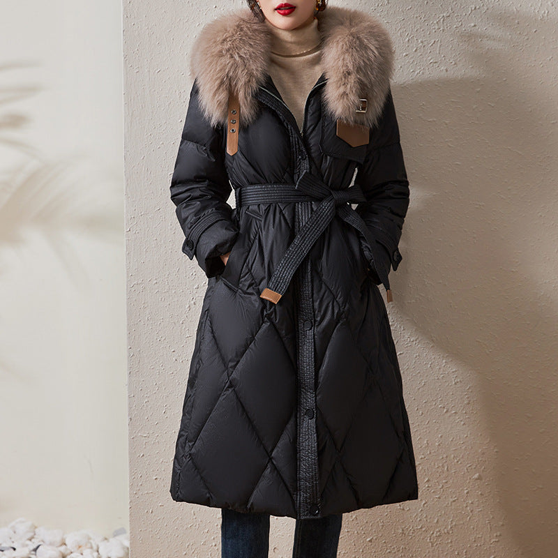 Women's Thiened Genuine Leather down Jaet eepskin Fur Collar Slim Fit Mid-Length Zipper Closure Coat