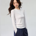 Pure Cotton Bright Line Design Versatile Long-sleeved T-shirt Women's Simple Crew Neck Bottoming Shirt Top