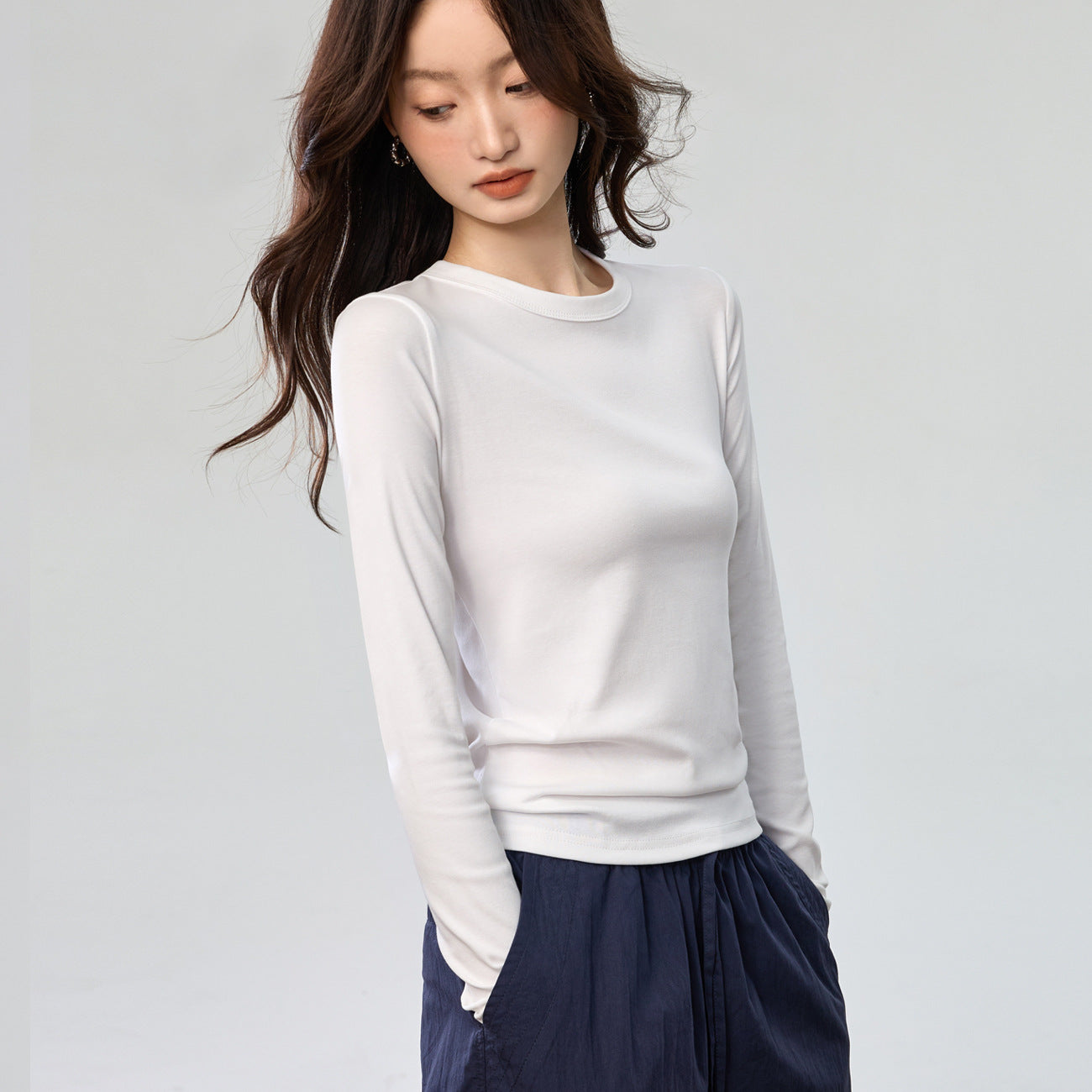 Pure Cotton Bright Line Design Versatile Long-sleeved T-shirt Women's Simple Crew Neck Bottoming Shirt Top