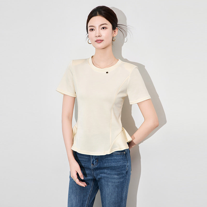 Spring Summer Ruffles Short Sleeve Women's T-shirts New Fashionable O-neck Bottom Korean Casual Slim Short Tops Female