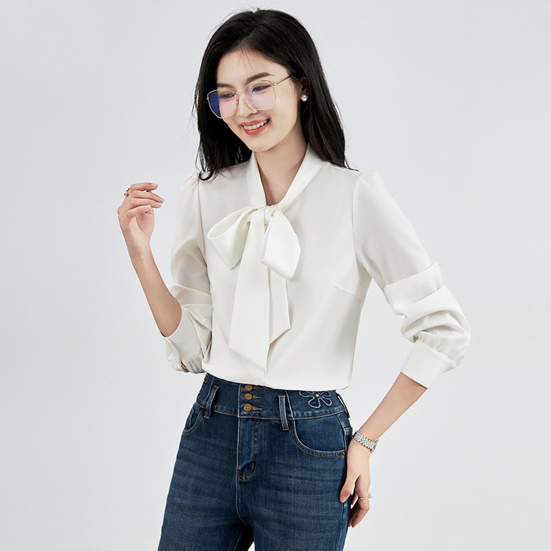 Elegant Bow Neck White Chiffon Shirts Women Fashion Autumn Winter Long Sleeve Tops Korean Style Office Ladies Blouses