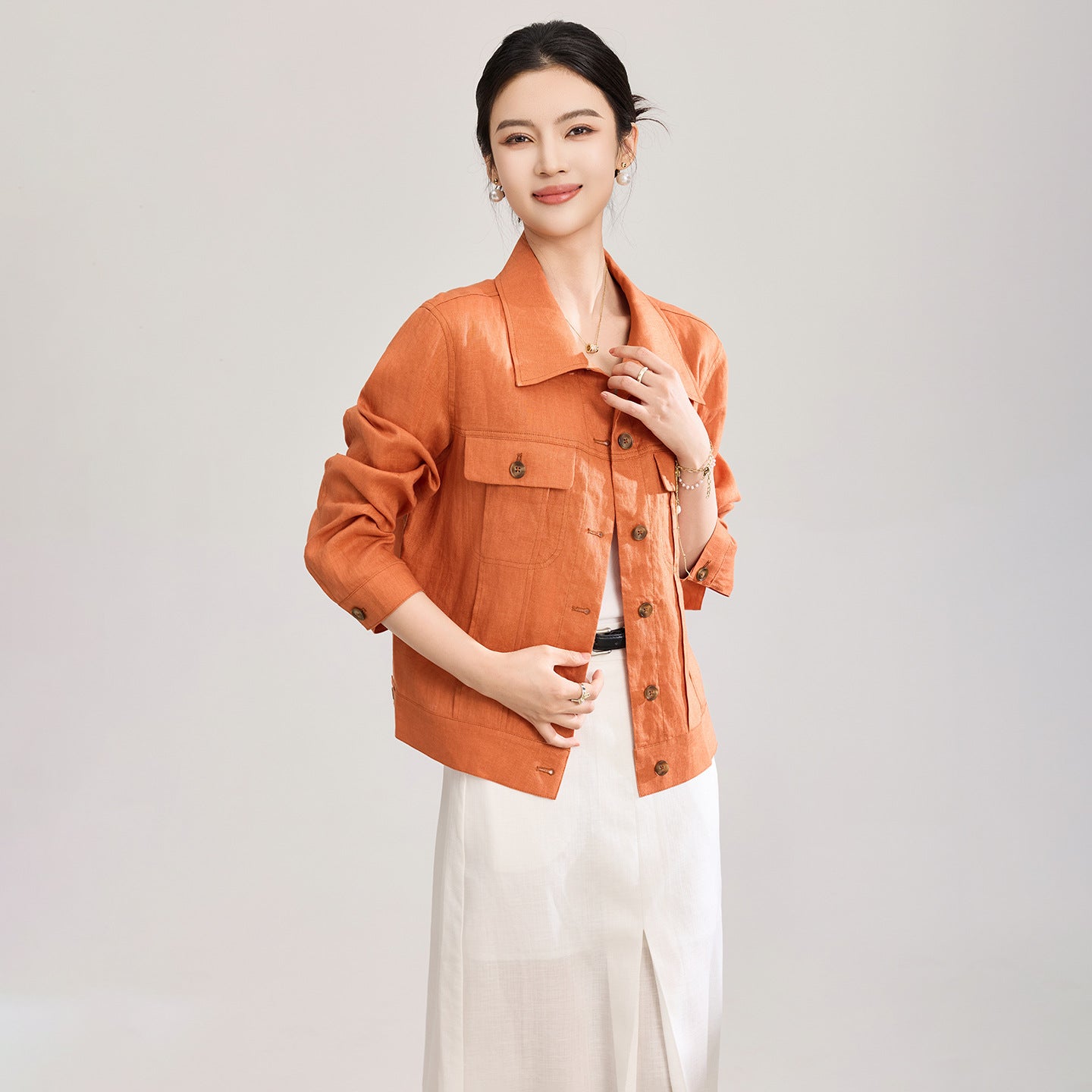 Slimming Effect 97% Cotton Washed Casual Short Jacket Women's Spring Summer Fashion Leisure Style Button Closure Long Sleeve