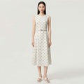 Spring Summer French Elegant Stand Collar Sleeveless Polka Dot Twist Knot Waist High Slit Slim Midi Commuter Dress