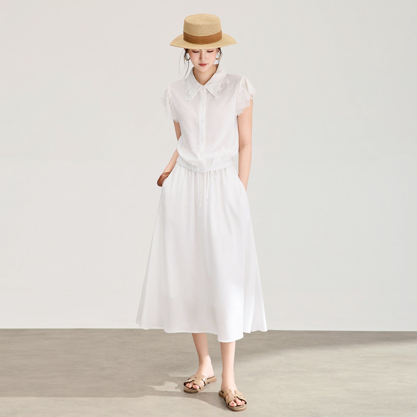 Sleeveless Turn-Up Collar Fitted Waist A-Line Lyon Fabric Dress Mid-Length Summer New Arrival Linen High-waisted Dress