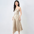 Elegant plus Size Women's Silk Satin Dress Slimming Flattering Neckline Waist Cinching Long Skirt plus Size Mid-Length