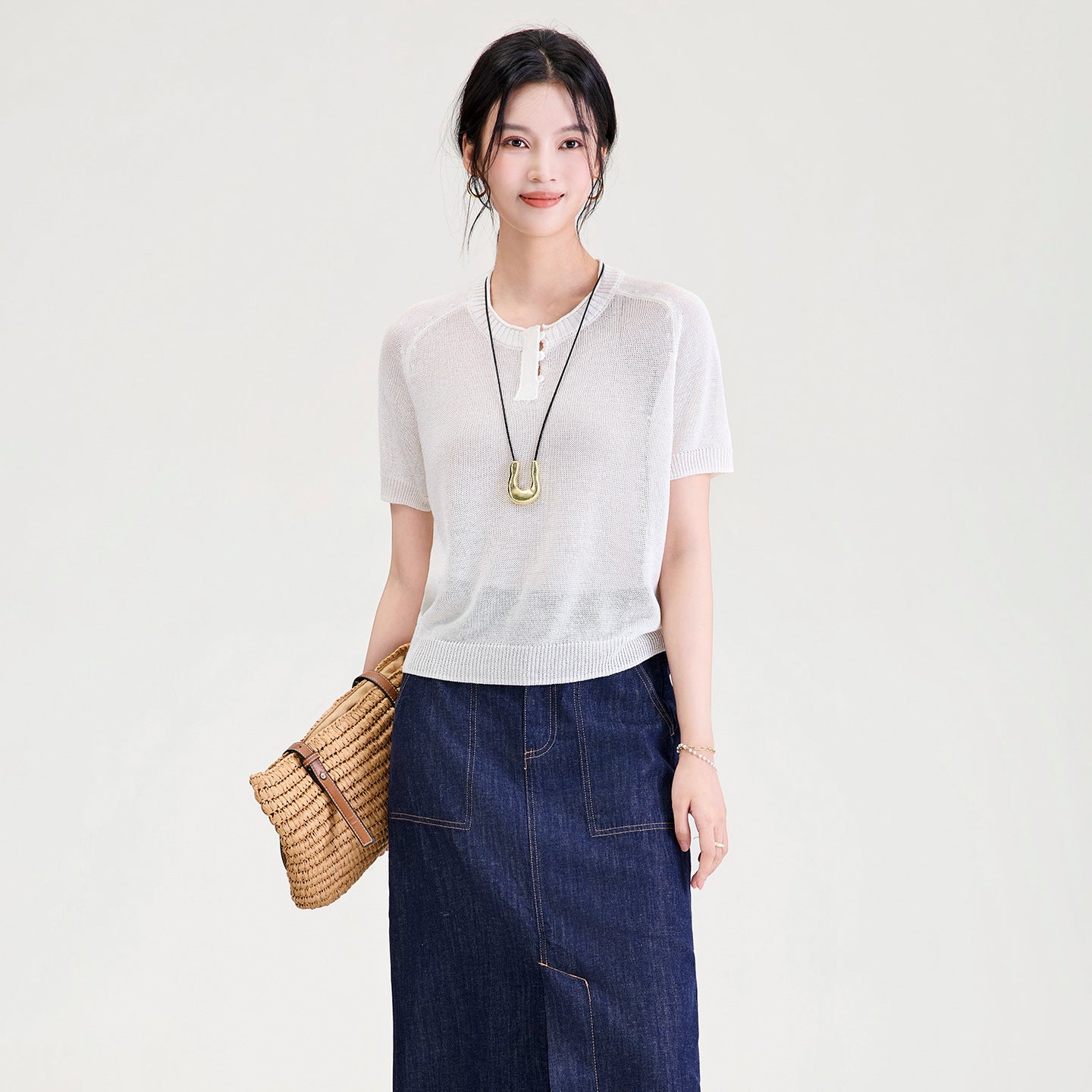 Elegant Pure Color round Neck Ice Silk Knitted Top Comfortable Stylish Short Sleeve Summer Fashionable Korean Style Women's