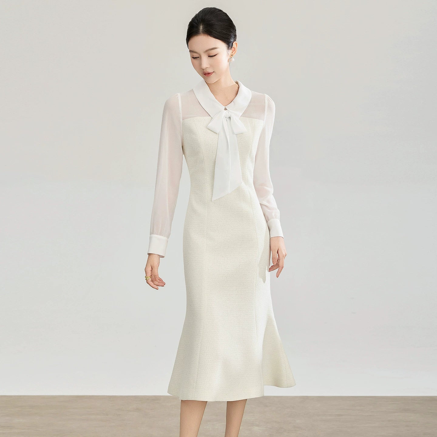 Elegant Long Sleeve Slimming Gown with Waist Cinch for Women Spring New Arrival Fashionable Party Dress High Waist Fish Tail
