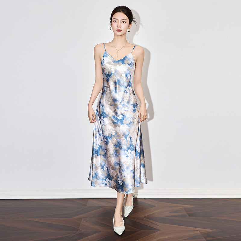 Sweet Blue Floral Print Cowl Neck Maxi Dress Spaghetti Strap Asymmetrical Hem Chiffon Dress For Women Elegant Summer Vacation