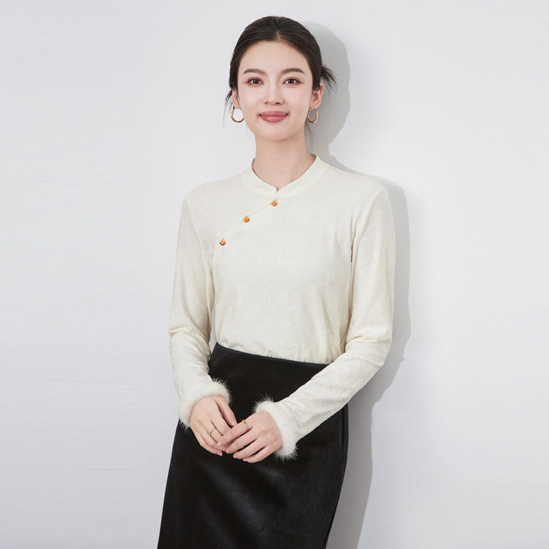 Spring New Style Versatile Slim Fit Stand Collar Shirt Women's Fashion Design Soft Silk Three Dimensional Effect Shoulder Bared