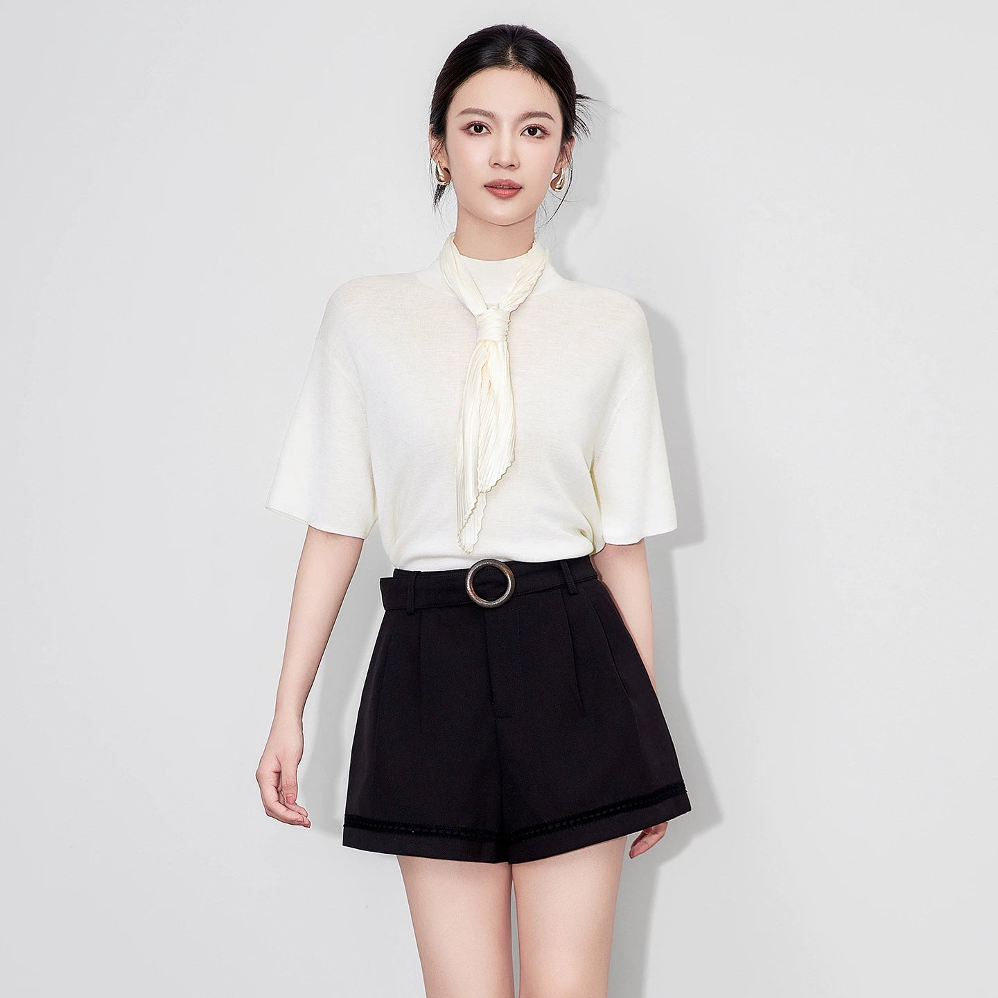 Pure Cotton Silk Knot Slimming T-irt the Ease Comfortable Big White T-Sve round Ne ort Sve Spring Wear