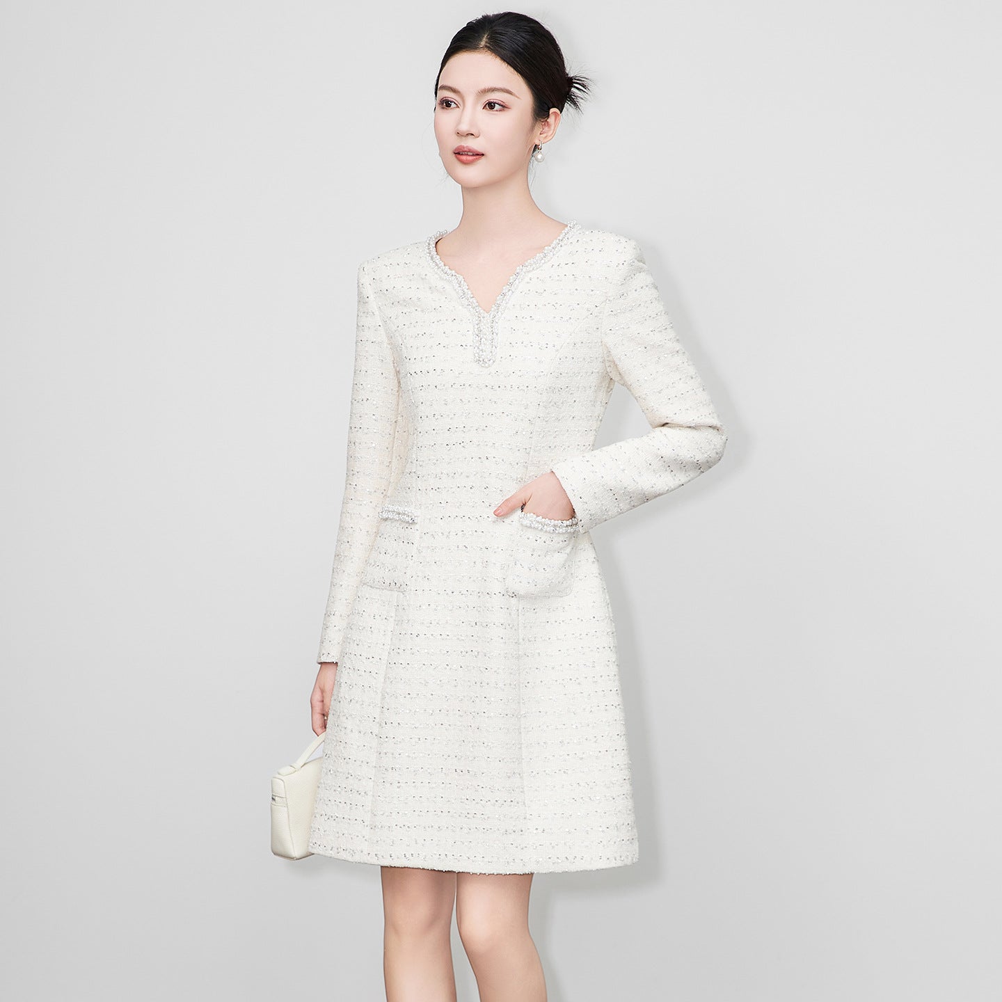 French Elegant V-neck Long Sleeve High Waist Tweed Short Dress for Women Winter Dress