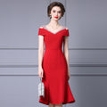 Summer Dress Red Rhinestone Shoulder Bared Fish Tail Skirt Elegant Commute Style Polyester Blend High Waist Midi Dress