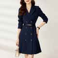 Blue French Style Commute Slimming Suit Dress with Belt Pleated Hem A- Line Midi Dress High Waist Polyester Fiber Office Chic