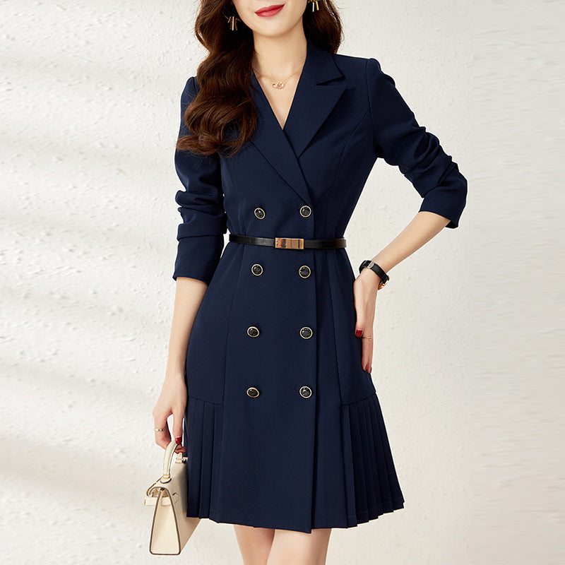 Blue French Style Commute Slimming Suit Dress with Belt Pleated Hem A- Line Midi Dress High Waist Polyester Fiber Office Chic