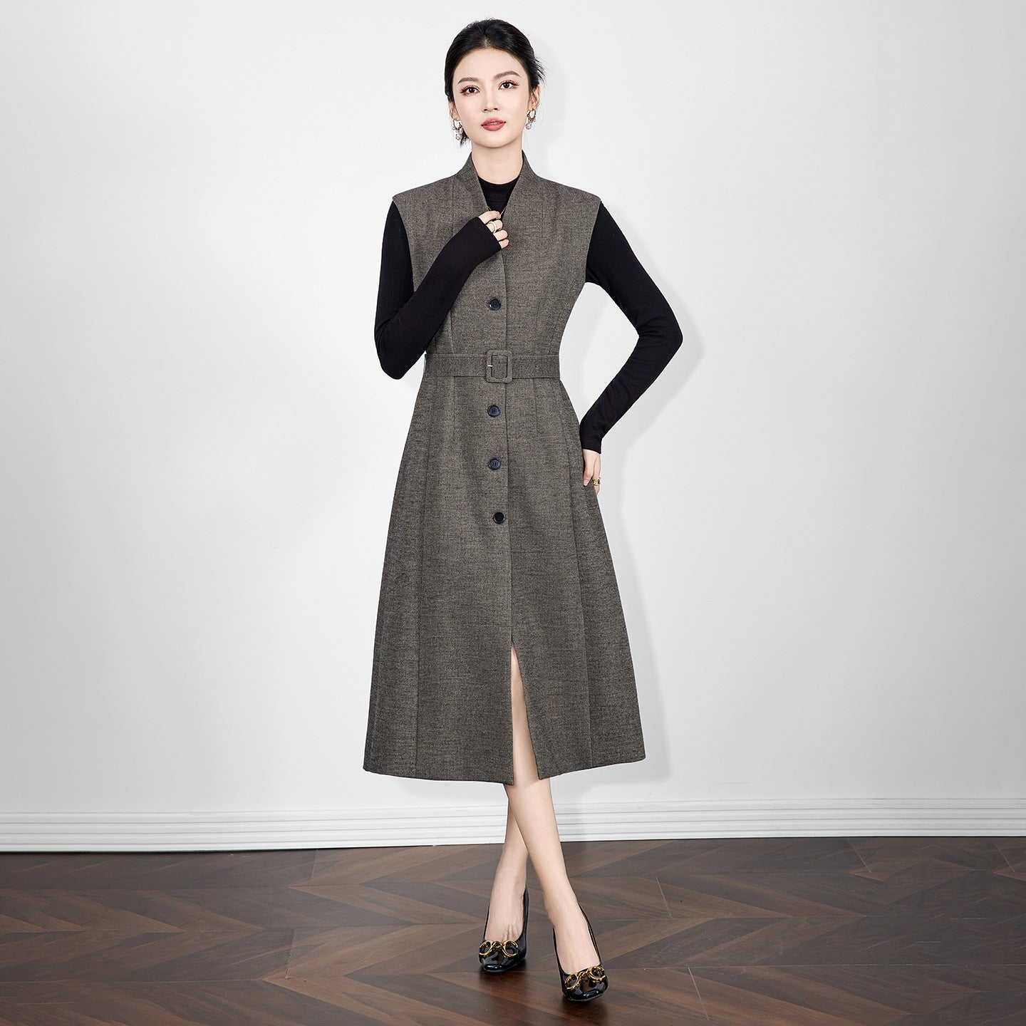 Elegant French V-neck Wrap Waist Tweed Dress Women's Autumn Winter Vest Dress Midi A- line Skirt