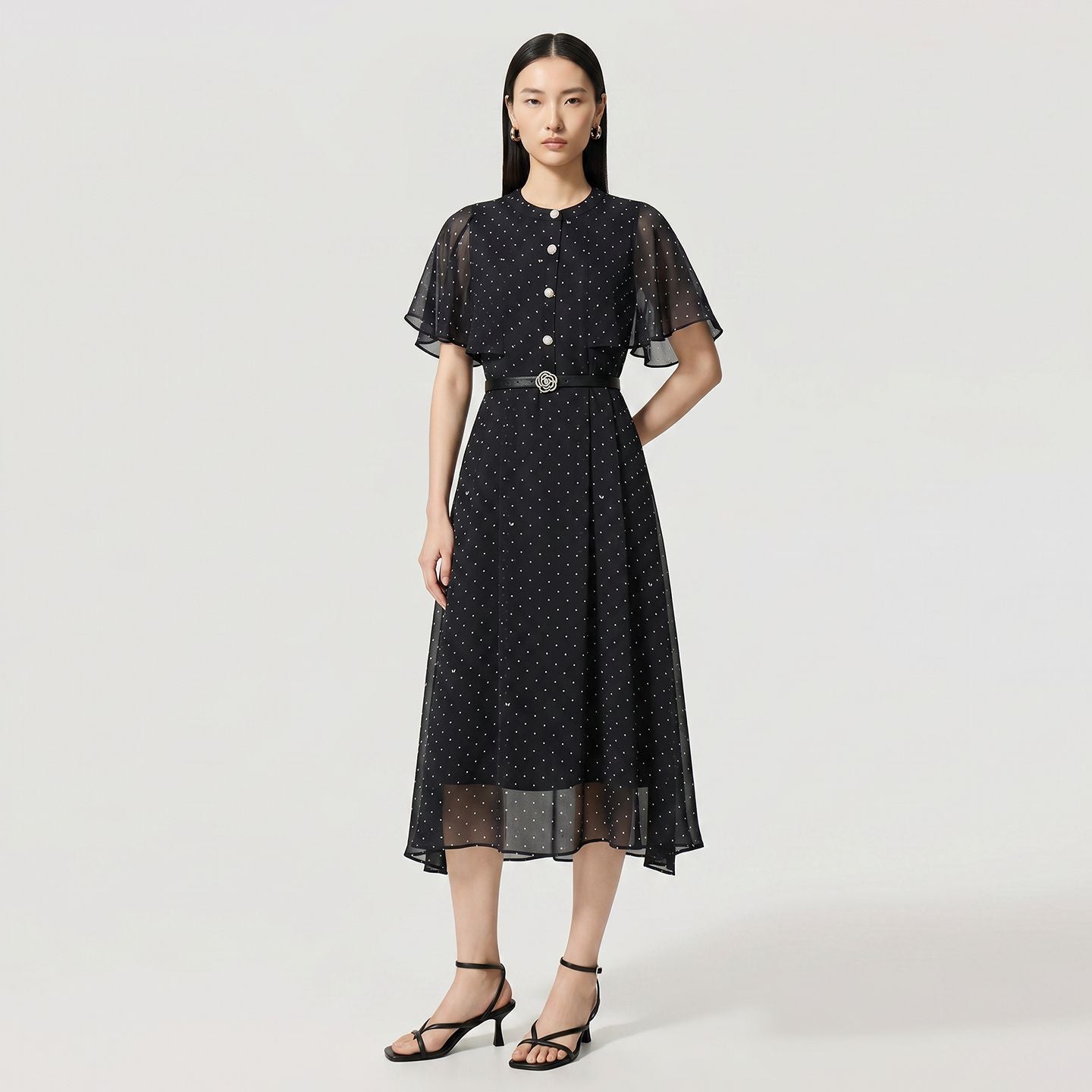 Fashionable Heavy-Duty Polka Dot Sleeveless Midi Dress Elegant A-Line Silhouette Commute Style Short Sleeve round Neck Button-Up