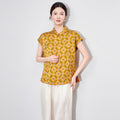 Elegant Vintage Chinese Print T-Shirt Women's Short Sleeve Round Neck Button Up Shirt Quality Comfortable Viscose Fiber