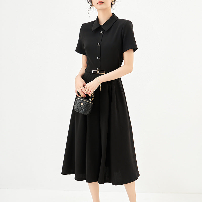 Elegant Simple French Summer Short Sleeve Dress with Stand Collar Waist Cinching Midi A- Line Skirt Polyester Fiber Vintage