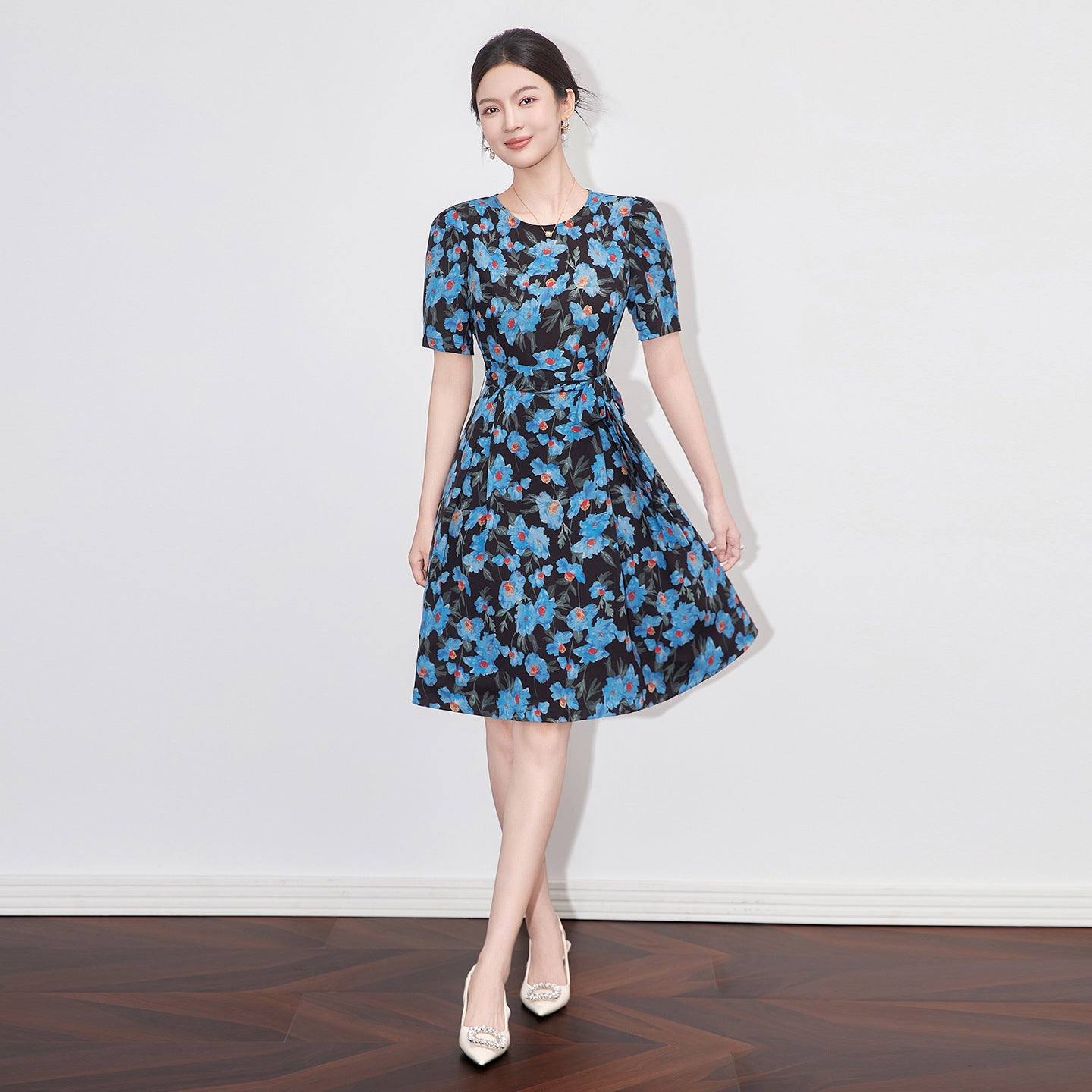 Floral Print Midi Dress French Holiday Style Slimming Fashionable Summer Long Skirt Knitted Fabric Sporty Retro