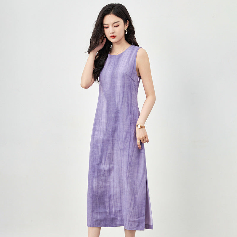 Summer New Women's Sleeveless Vest Dress Pure Color Cotton Linen Midi Skirt H-Shape U-Neckline 3D Effect A-Line Skirt