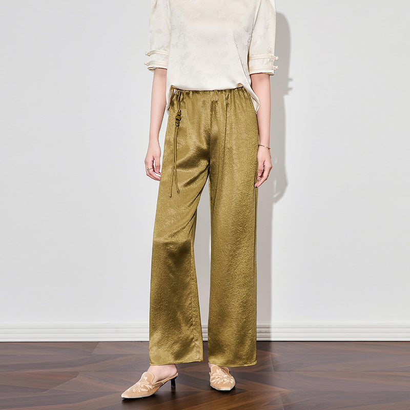 New Chinese Style National Trend Dark Pattern Embroidery Silk Loose Wide Leg Pants Casual Pants Women's Nine Points Pants